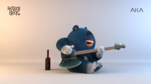 a blue bear with a bass guitar