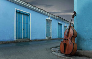 A double bass on the corner of a street